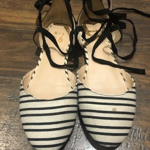 Black and White Striped Lace Up Flats